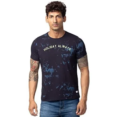 Spykar Navy Blue Round Neck Half Sleeves Blended T-Shirt for Men (Size: M)-MKTFT1BC068-Navy Blue at ₹384