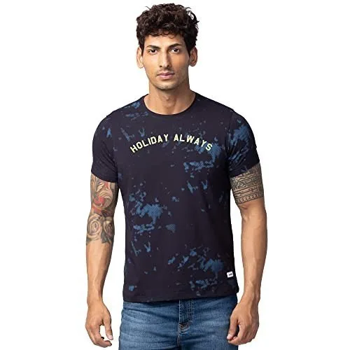 Spykar Navy Blue Round Neck Half Sleeves Blended T-Shirt for Men (Size: M)-MKTFT1BC068-Navy Blue at ₹384
