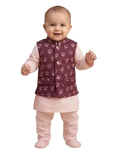 Pspeaches Boys Cotton Full Sleeves Mandarin Collar Solid Kurta & Pyjamas With Dobby Jacket 3 Piece Set|Ethnic Wear For Cute Baby Boys|Tradit at ₹631