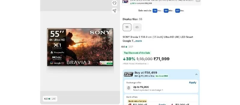 SONY Bravia 3 138.8 cm (55 inch) Ultra HD (4K) LED Smart Google TV at ₹58,499