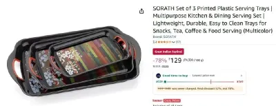 Set of 3 Printed Plastic Serving Trays at ₹129