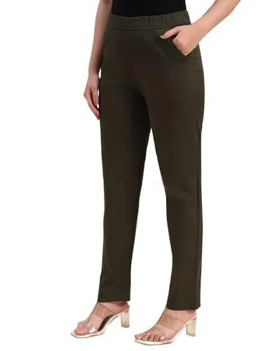Vogaan Women's Cotton Slim Fit Pant with Half-Elasticated Waist | Regular Pull-On Straight Leg Trousers for Women at ₹189