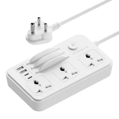 HAMMER Power Strip with 3 Universal Sockets with Child Security, Total 40w (2 USB Ports and 2 Type C 20w PD Individual), Mobile Holder,High  at ₹549