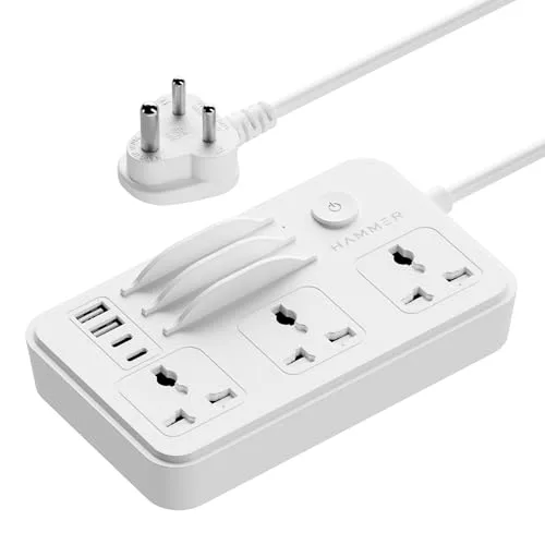 HAMMER Power Strip with 3 Universal Sockets with Child Security, Total 40w (2 USB Ports and 2 Type C 20w PD Individual), Mobile Holder,High  at ₹549