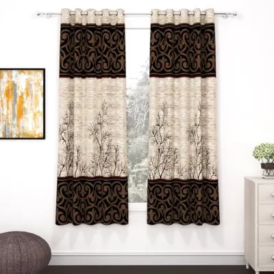 Window Curtains 5 Feet Set of 2, Abstract Cream & Brown at ₹279