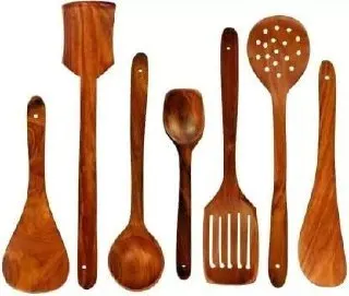 Green Wood Stylish Wooden 7 Pcs Cooking Spoon, Kitchen Tool Set - Serving Spoon, Table Spoon, Salad Spoon, Measuring Spoon | Medium, Non-Che at ₹99
