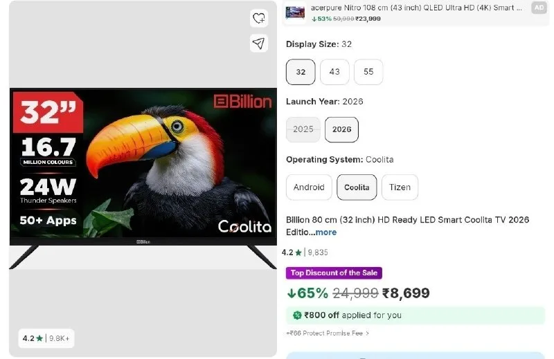 Billion (32 inch) HD Ready LED Smart Coolita TV at ₹7,853