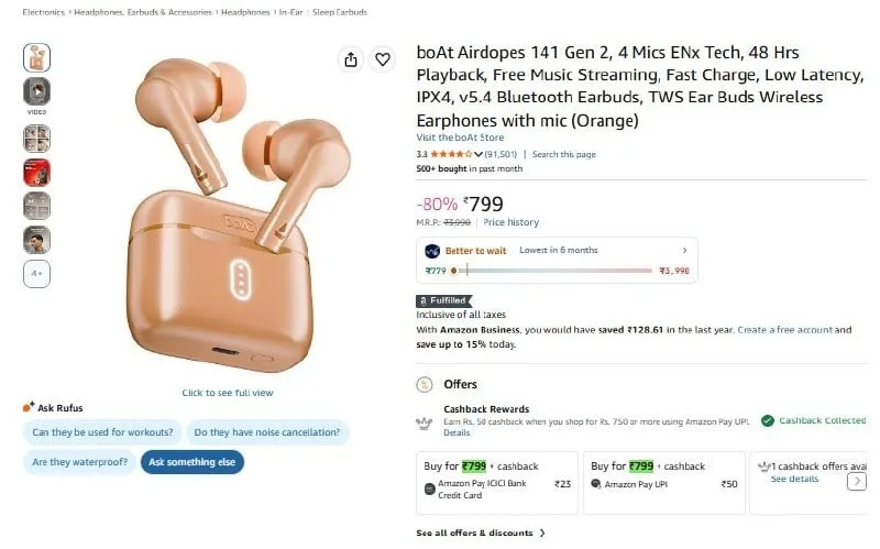 boat Airdopes 141 Gen 2 TWS Wireless Earbuds at ₹799