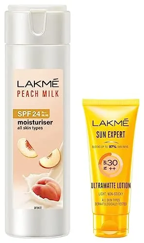 LAKMÉ Sun Expert SPF 30 PA++ Ultra Matte Lotion Sunscreen for All Skin types, 50 ml & LAKMÉ Peach Milk Face Moisturizer SPF 24 PA++ 120ml at ₹298