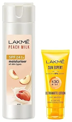 LAKMÉ Sun Expert SPF 30 PA++ Ultra Matte Lotion Sunscreen for All Skin types, 50 ml & LAKMÉ Peach Milk Face Moisturizer SPF 24 PA++ 120ml at ₹298