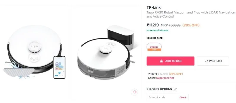TP-Link Tapo RV30 Robot Vacuum and Mop with LiDAR Navigation and Voice Control at ₹11,219