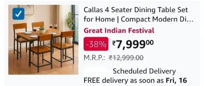 Callas 4 Seater Dining Table Set with 4 Chairs at ₹7,999