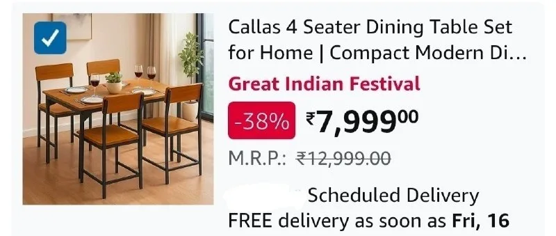 Callas 4 Seater Dining Table Set with 4 Chairs at ₹7,999