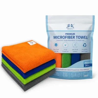 AM Safe-X Microfiber Cleaning Cloths, 4pcs 40x40cms 350GSM Highly Absorbent Lint and Streak Free Multi Purpose Wash Cloth for Kitchen Window at ₹99