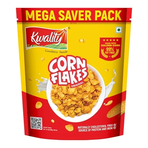 Kwality Corn Flakes 800g | Made with Golden Corns | 99% Fat Free, Natural Source of Vitamin & Iron | High in Protein & Fiber | Healthy Break at ₹135