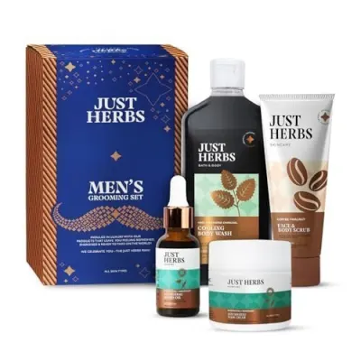 Just Herbs Grooming Kit for Men - Face and Body Scrub, Charcoal Body Wash, Rosemary Beard Oil & Hair Serum Combo Set at ₹349