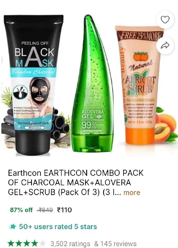 Charcoal Mask + Alovera Gel + Scrub Combo at ₹110
