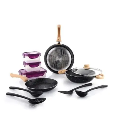 Crystal Aluminum 11 Pcs Non Stick Cookware Set with Induction Bottom | Tawa, Fry Pan, Kadhai with Lid, 4 Serving Spoons, 3 Containers | 4 La at ₹1,175