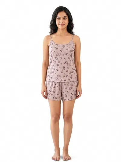 Women’s Satin Night Suit Set with Floral Print Camisole Top and Matching Shorts at ₹299