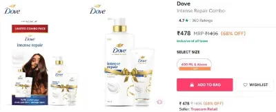 Flat 65% Off on Dove Intense Repair Combo