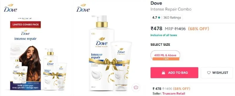 Flat 65% Off on Dove Intense Repair Combo