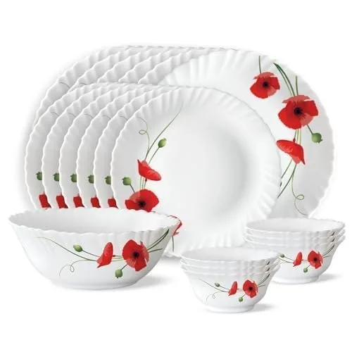 Larah by BOROSIL Red Carnations Opalware Dinner Set (White) - 19-Pieces at ₹1,371