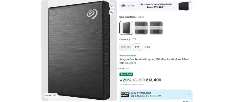 Seagate One Touch 1TB External Solid State Drive (SSD) at ₹12,249