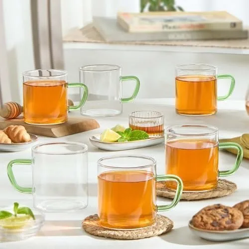 Borosil Vision 6 Pcs Tea n Coffee Borosillicate Glass 190 ml Classic Mug Set | Microwave Safe, Scratch Resistance, Lightweight | for Chai, G at ₹381