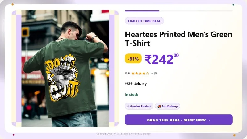 Heartees Printed Men's Green T-Shirt at ₹242