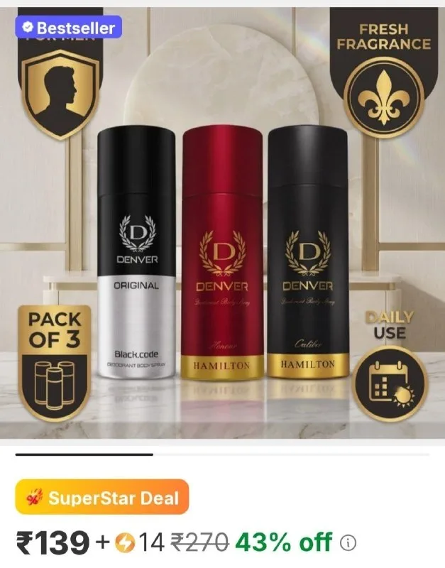 Denver black code, honour, caliber deodorant spray - for men at ₹139