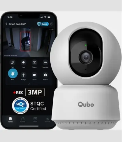 Qubo Smart 360 degree 2K|3MP(2026 Edition)|AI App Alerts|Alarm|Cloud+SD Storage|Wi-Fi Security Camera (2 Channel) at ₹2,190