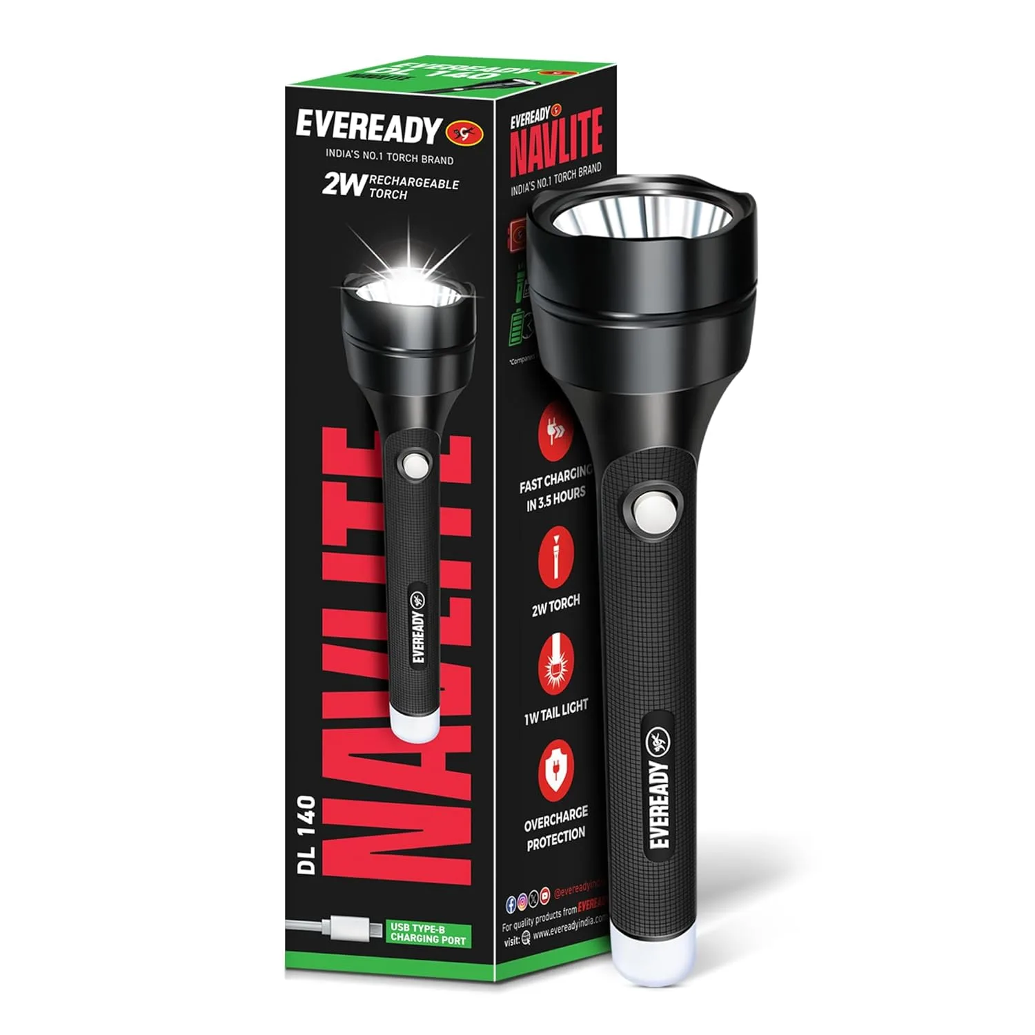 Eveready Navlite DL140, Rechargeable 2W Led Torch + 1W Emergency Tail Light, Metallic Finish, Type B/Micro USB Charging, Overcharge Protecti at ₹259