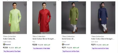 Tibra Collection Solid Cotton Blend Straight Kurta for Men at minimum 83% Discount