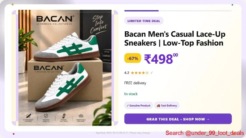 Bacan Men's Casual Lace-Up Sneakers at ₹498