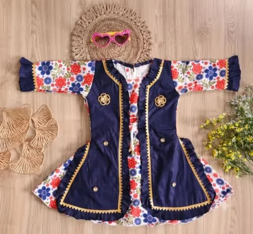 Girls Cotton Frock and Jacket Set, Printed Fit and Flare Kne at ₹99