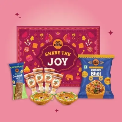 GO DESi Diwali Gift Box - Share the Joy Gift Box | Mud Diya | DESi Popz | Coconut Burfi | Bombay Bhel | Diwali Gifts for Family and Friends at ₹135