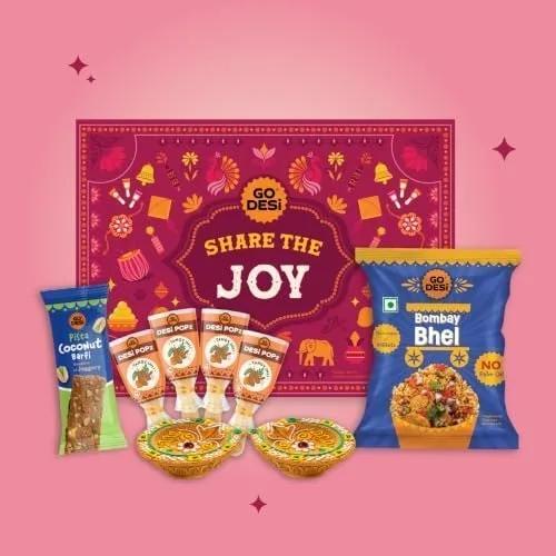 GO DESi Diwali Gift Box - Share the Joy Gift Box | Mud Diya | DESi Popz | Coconut Burfi | Bombay Bhel | Diwali Gifts for Family and Friends at ₹135