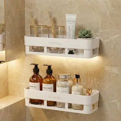 KASHIVAL Bathroom Shelf Wall Mount | No Drill ABS Plastic Storage Rack with Hooks | Multipurpose Wall Organizer for Bathroom & Kitchen | Sha at ₹98