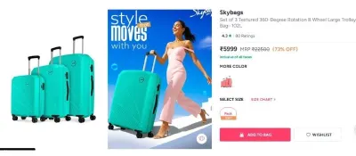 Skybags Set of 3 Textured 360-Degree Rotation 8 Wheel Large Trolley Bag- 102L at ₹4,499