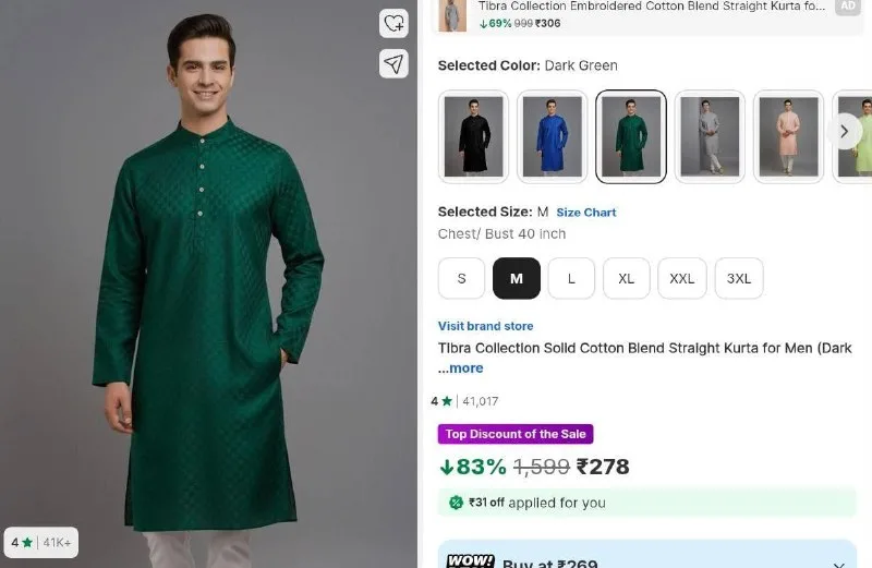 Men’s Kurta at ₹278