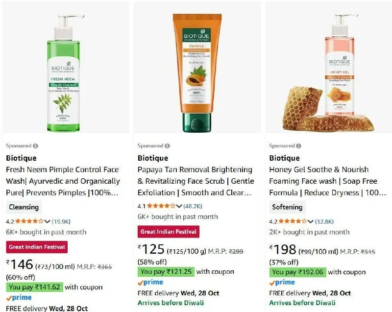 Upto 69% off + Extra savings with coupons on Biotique products
