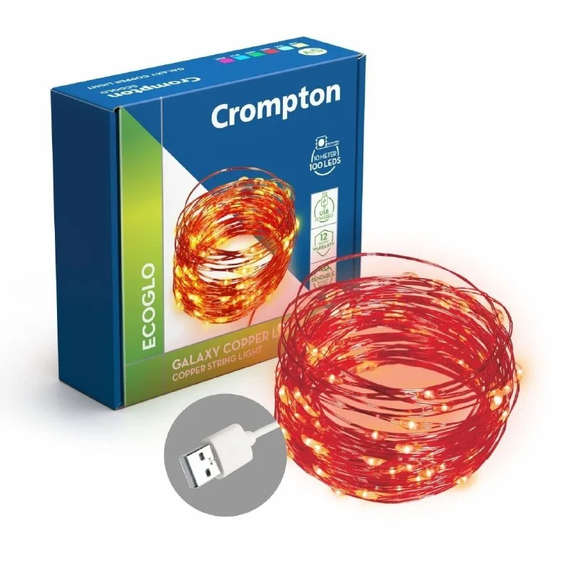 Crompton Galaxy Decoration Copper USB Powered String Fairy Lights with 100 Led Light (10 Meters / 32 Feet, Red, Pack of 1) at ₹89