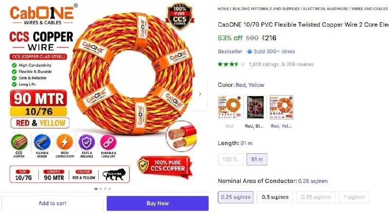 CabONE 90 MTR 0.25 sq/mm Copper Wire at ₹216