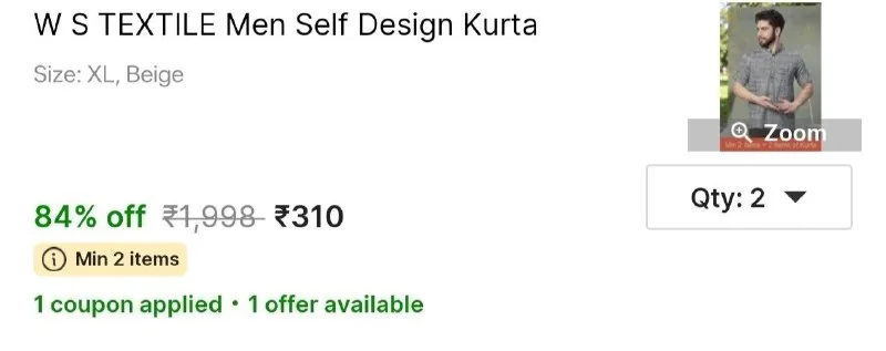 W S TEXTILE Men Self Design Kurta at ₹310