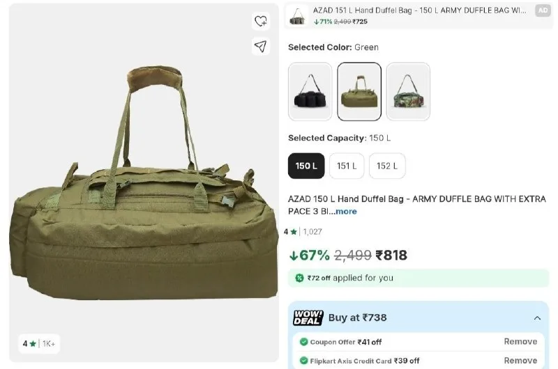 150 L Hand Duffel Bag - ARMY DUFFLE BAG WITH EXTRA PACE 3 BIG SIDE POCKET PROTECTED BASE - Green - Large Capacity