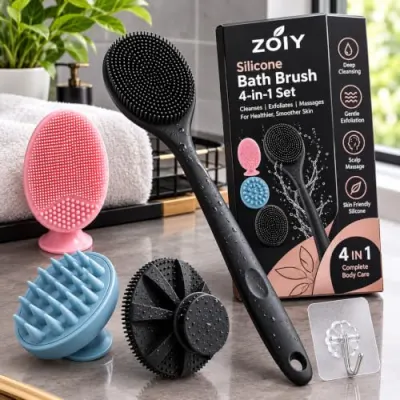 4-in-1 Silicone Bath Brush Set – Long Handle Back Scrubber, Body Exfoliating Shower Brush, Scalp & Face Massager, BPA-Free Soft Silicone Bat at ₹159