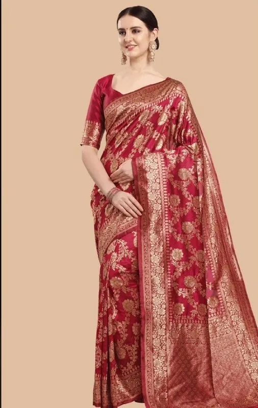 KALINI Maroon & Gold Ethnic Motifs Zari Silk Blend Banarasi Saree