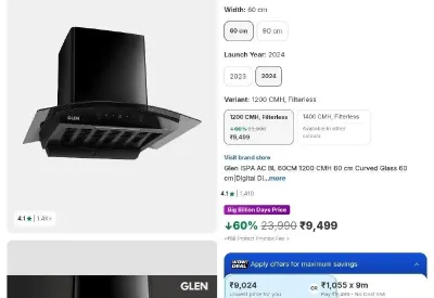 Glen ISPA AC BL 60CM 1200 CMH Auto Clean Chimney at ₹9,719