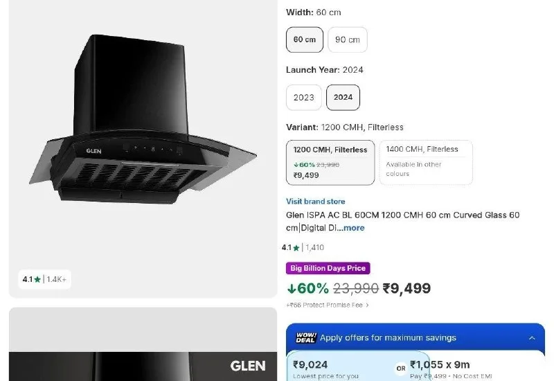 Glen ISPA AC BL 60CM 1200 CMH Auto Clean Chimney at ₹9,719
