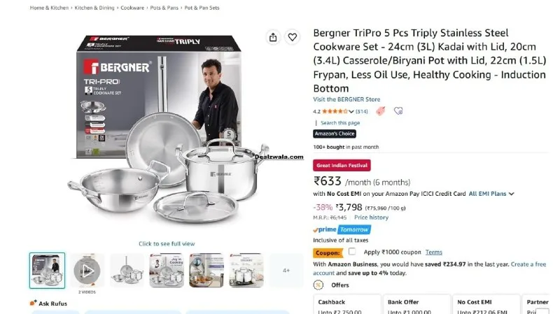 Bergner TriPro 5 Pcs Triply Stainless Steel Cookware Set at ₹2,518
